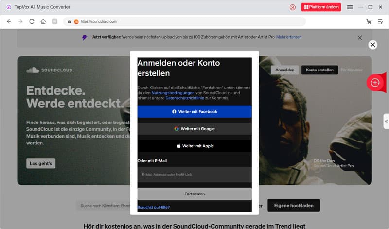 Bei SoundCloud anmelden