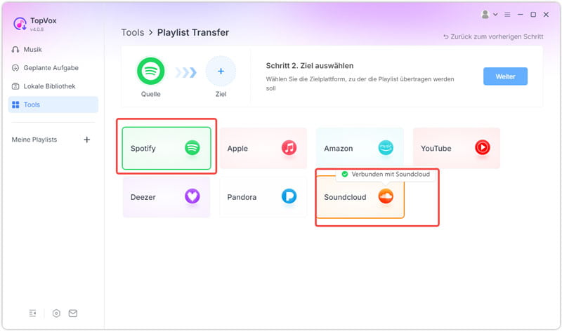 Quelle und Ziel auswählen
