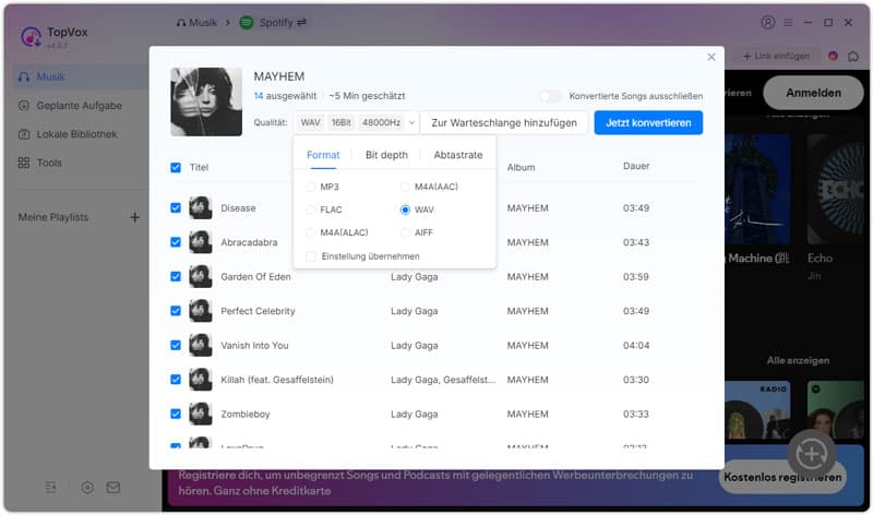 WAV als Ausgabeformat festlegen