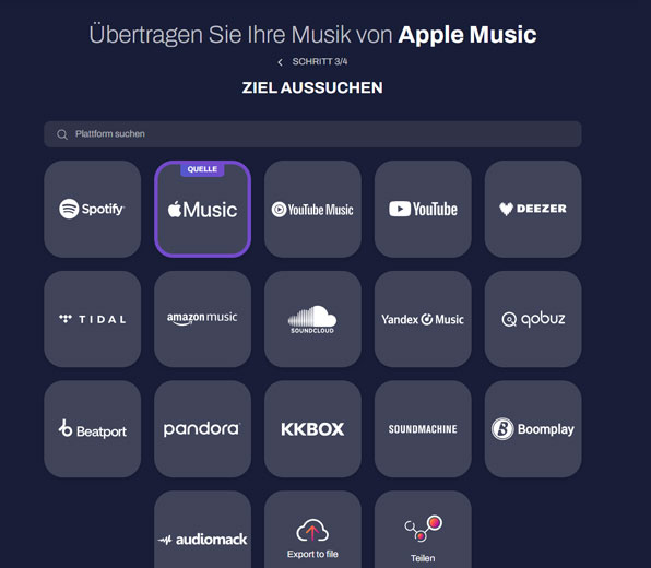 Quellplattform in TuneMyMusic auswählen