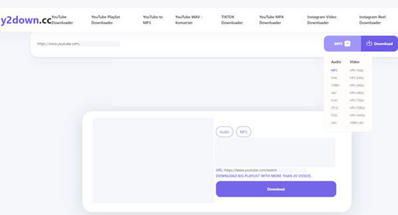 Umwandlung von YouTube in MP3 mit y2down.cc